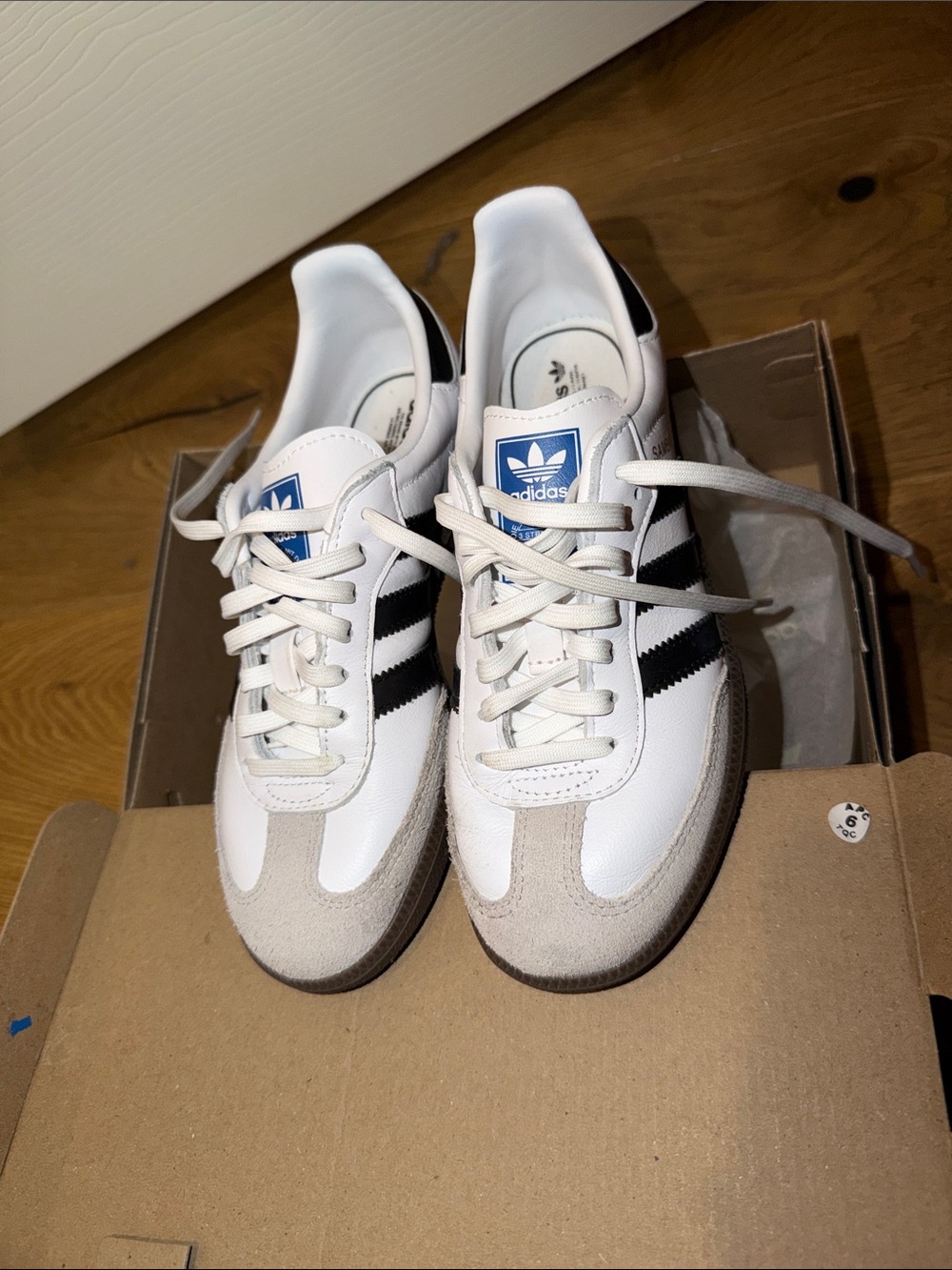 adidas White Sneakers with Black Stripes and Tan Suede Accents